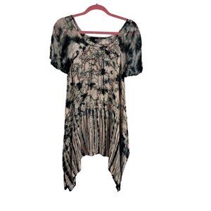 Tie Dye Floral Top M Brown Hi Lo Sequin Tassel Grunge Boho Biker Chic Funky 80s
